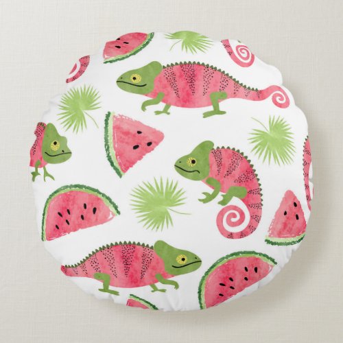 Tropical chameleons watermelons cute pattern round pillow