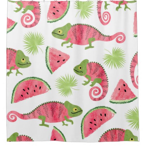 Tropical chameleons watermelons cute pattern shower curtain