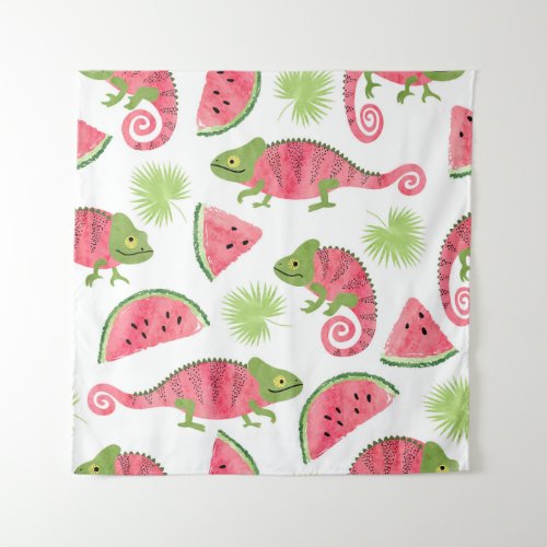 Tropical chameleons watermelons cute pattern tapestry