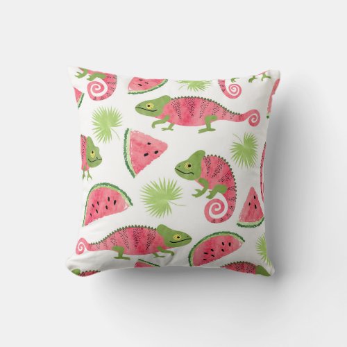 Tropical chameleons watermelons cute pattern throw pillow