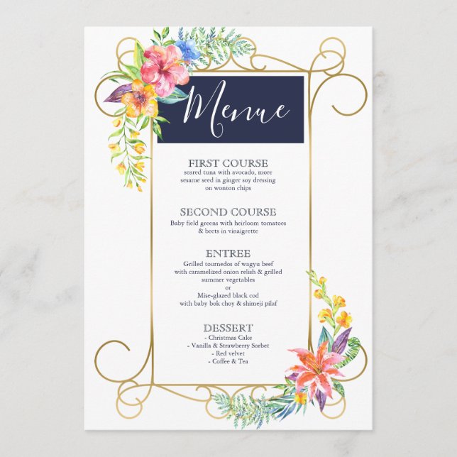 Tropical Cheer Colorful Flowers Gold Frame Menu (Front)