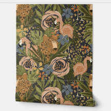 Tropical Cheetah and Flamingo Floral Wallpaper