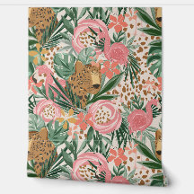 Tropical Cheetah and Flamingo Floral Wallpaper