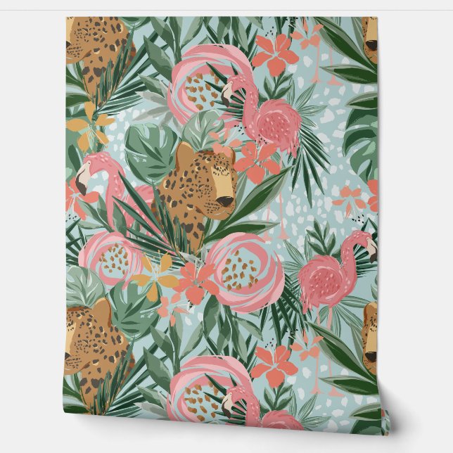 Tropical Cheetah and Flamingo Floral Wallpaper Wallpaper (Unrolling)