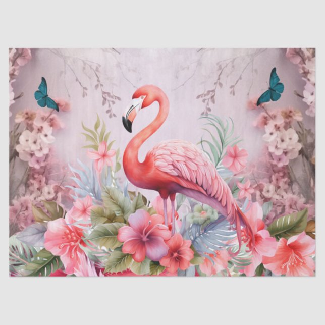 Tropical Cherry Blossom & Pink Flamingos Decoupage Tissue Paper (Front)
