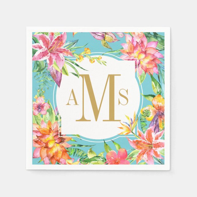 Tropical Chic 3 Letter Monogram Floral Watercolor Napkins (Front)