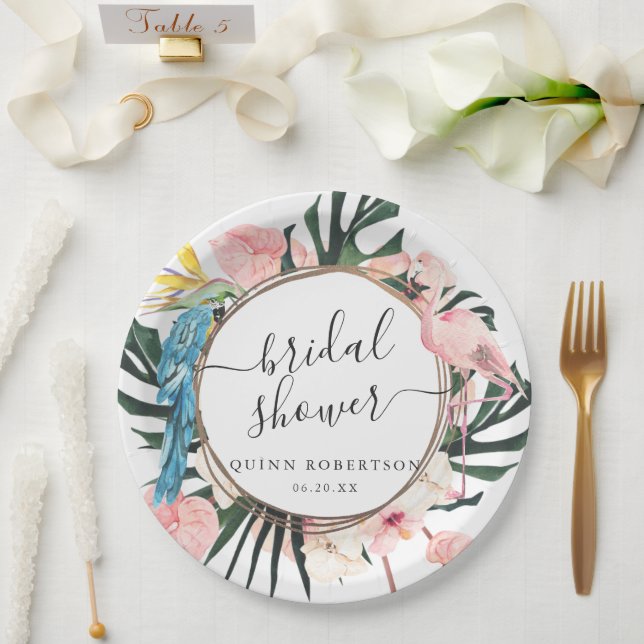 Tropical Chic Flamingo Floral Bridal Shower Paper Plates (Wedding)