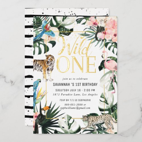Tropical Chic  Gold Wild One Birthday Party  Foil Invitation