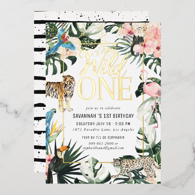 Tropical Chic | Gold Wild One Birthday Party  Foil Invitation (Front/Back)