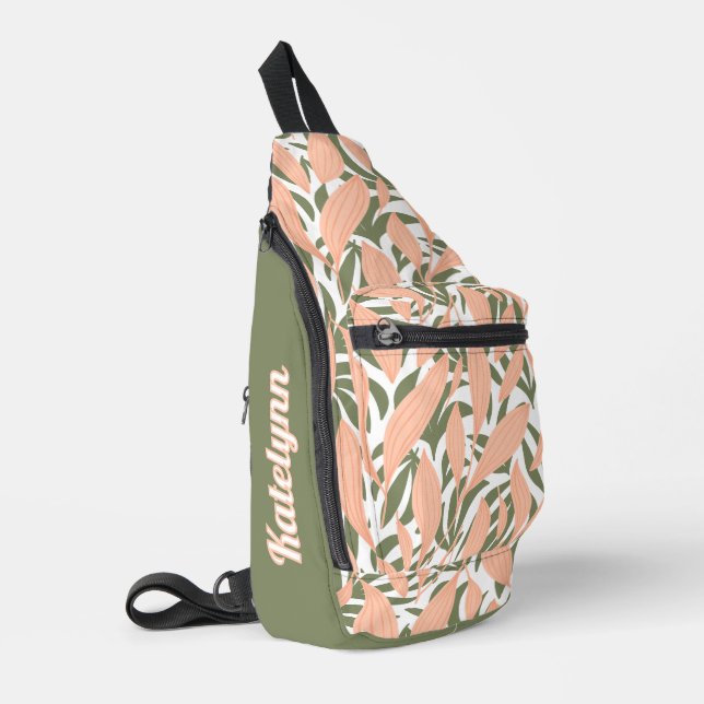 Tropical Chic Pink and Green Personalized Sling Bag (Left Corner)