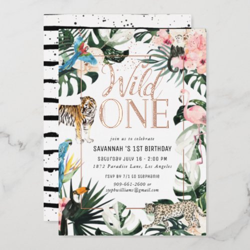 Tropical Chic  Pink Wild One Birthday Party  Foil Invitation