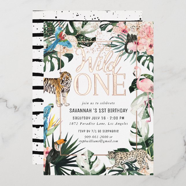 Tropical Chic | Pink Wild One Birthday Party  Foil Invitation (Front/Back)