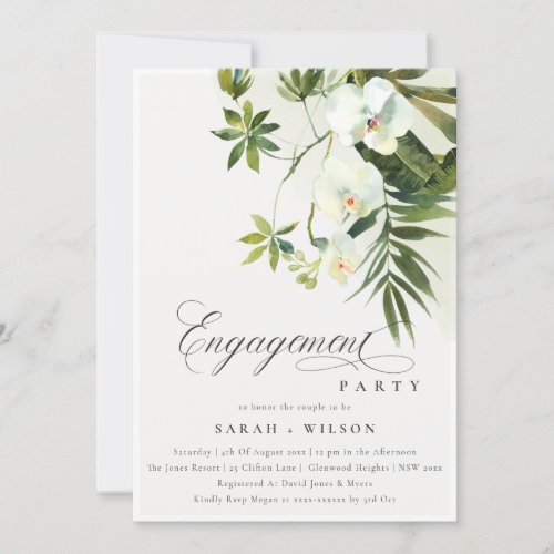 Tropical Chic White Orchid Palm Fauna Engagement Invitation