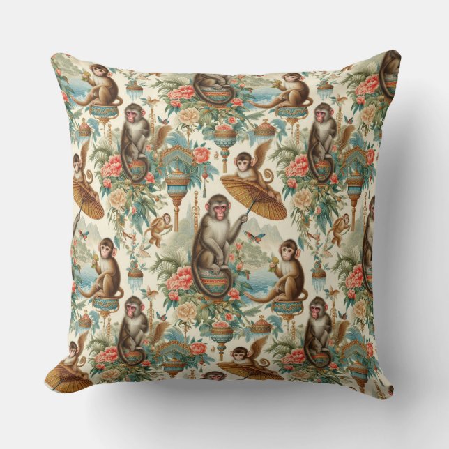Tropical Chinoiserie Monkeys Throw Pillow (Front)