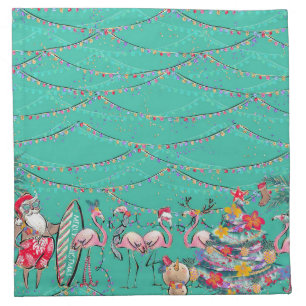 Tropical Christmans with Santa and Flamingos Cloth Napkin