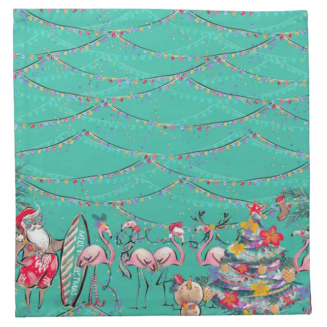 Tropical Christmans with Santa and Flamingos Cloth Napkin (Front)