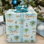 Tropical Christmas Beach Palm Trees Wrapping Paper<br><div class="desc">This retro tropical Christmas wrapping paper features a pattern of holiday beach scenes with palm trees decorated with colorful strings lights and beach chairs overlooking the water,  interspersed with pink flamingos in santa hats,  and seagulls perched on decorated pilings,  on a light teal blue background.</div>
