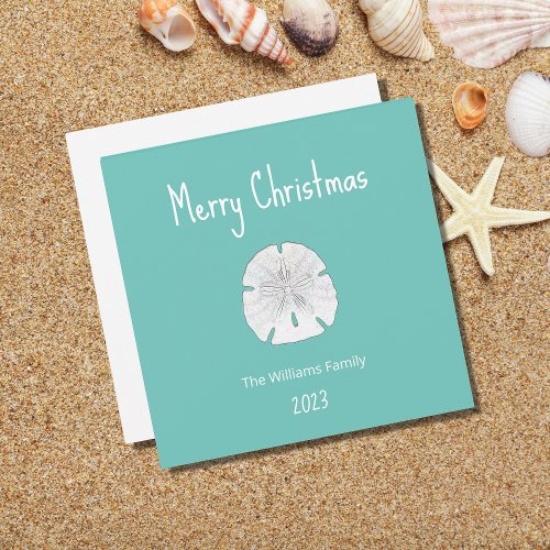 Tropical Christmas Beach Sand Dollar Teal Holiday Card
