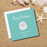 Tropical Christmas Beach Sand Dollar Teal Holiday Card<br><div class="desc">Tropical Beach Christmas teal green greeting card,  with a sand dollar and white typography design,  With customizable lettering,  you can add your own Information. Great for sending well wishes to loved ones this holiday season.</div>