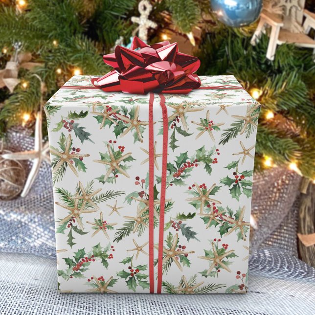 Tropical Christmas Beach Starfish and Holly Wrapping Paper (Creator Uploaded)