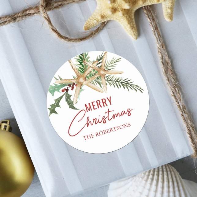 Tropical Christmas Beach Starfish Classic Round Sticker (Creator Uploaded)