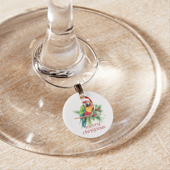 Tropical Christmas Bird Retro Merry Christmas Wine Charm (In Situ)