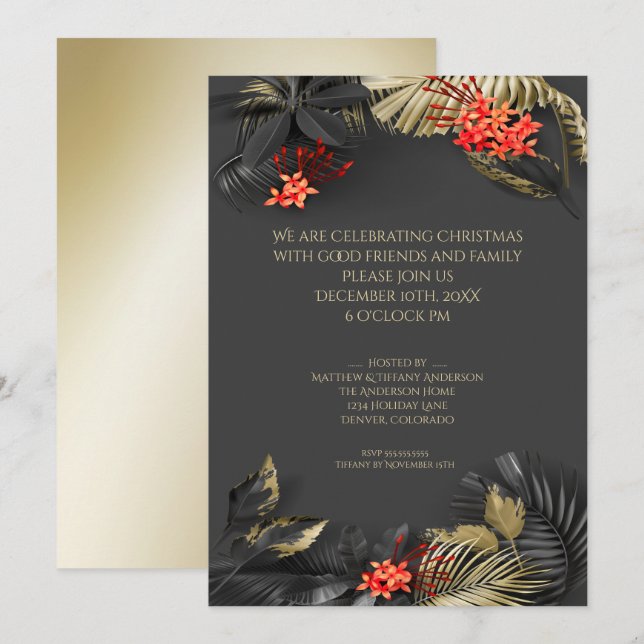Tropical Christmas Black Gold Crimson Foliage Invitation (Front/Back)