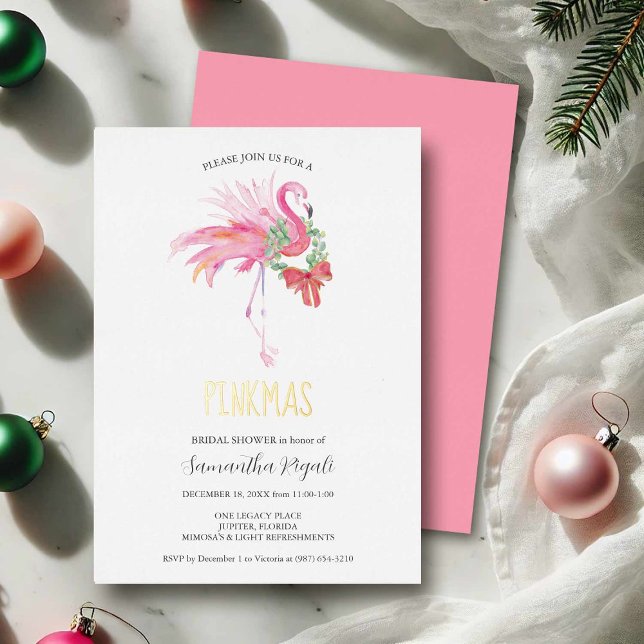 Tropical Christmas Bridal Shower Invitations (palm beach christmas bridal shower invitations features watercolor pink flamingo)