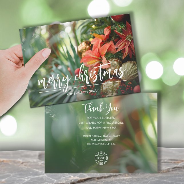 Tropical Christmas Business Logo Holiday Card (Palms and poinsettias Christmas business logo greeting cards, PRINTED and/or INSTANT DOWNLOAD)