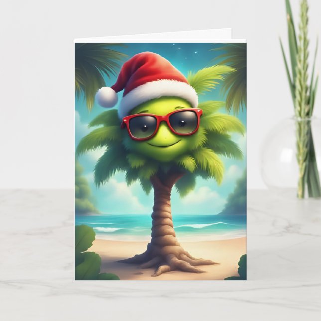 Tropical Christmas Cheer – Santa Palm Tree Card (Front)