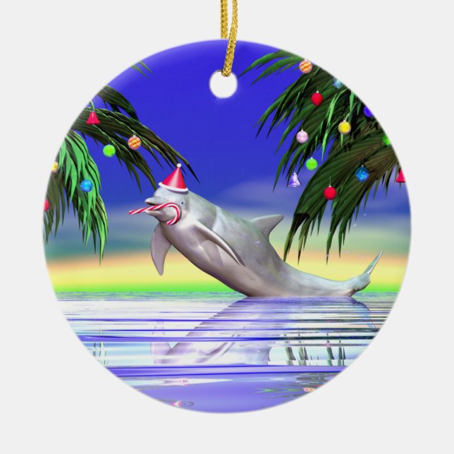 Tropical Christmas Dolphin Ceramic Ornament (Front)