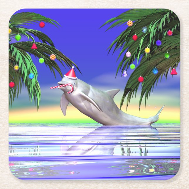 Tropical Christmas Dolphin Square Paper Coaster (Front)