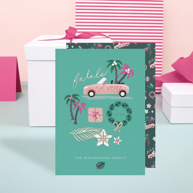 Tropical Christmas Fala Lets Roll Pink Convertible Foil Holiday Card (Creator Uploaded)