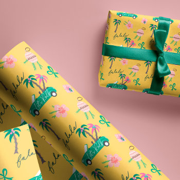 Tropical Christmas Fala Lets Roll Teal Convertible Wrapping Paper by moodthology at Zazzle
