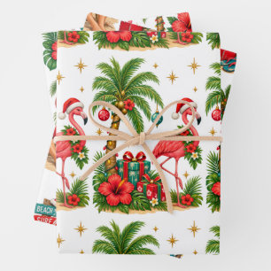 Tropical Christmas Flamingo & Beach Santa Pattern Wrapping Paper Sheets