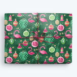 Tropical Christmas Flamingo Decorations Wrapping Paper<br><div class="desc">Green tropical Christmas gift wrap with ornaments like flamingos or tropical fruit. The gold glitter used in this print is simulated,  not real glitter. Original artwork by Marketa Stengl.</div>