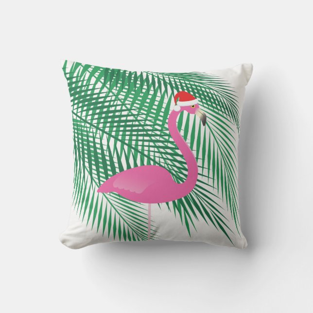 Tropical Christmas Flamingo on White - Outdoor Throw Pillow (Front)