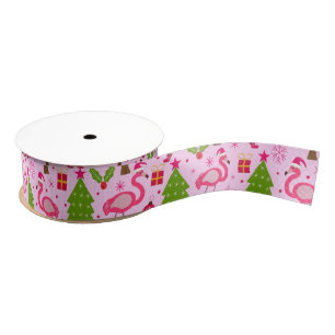 Tropical Christmas Flamingo With Pine Tree on Pink Grosgrain Ribbon
