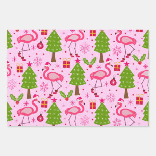 Tropical Christmas Flamingo With Pine Tree on Pink Wrapping Paper Sheets