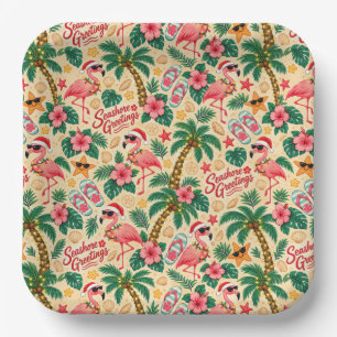 Tropical Christmas Flamingos and Palm Trees Paper Plates