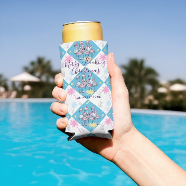 Tropical Christmas Flamingos Seltzer Can Cooler (In Situ Pool)