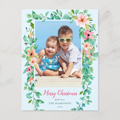 Tropical Christmas Floral Blue 1_Photo Holiday Postcard