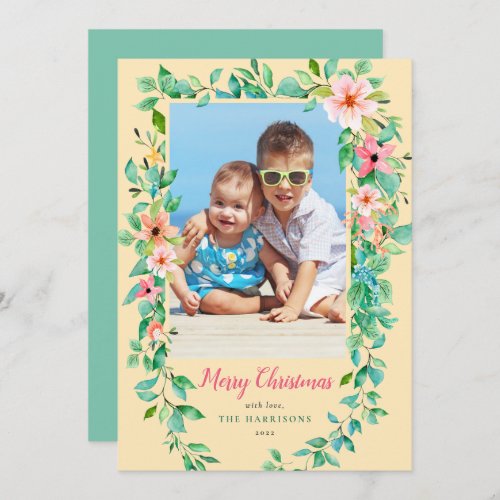 Tropical Christmas Floral Yellow  Green Photo Holiday Card