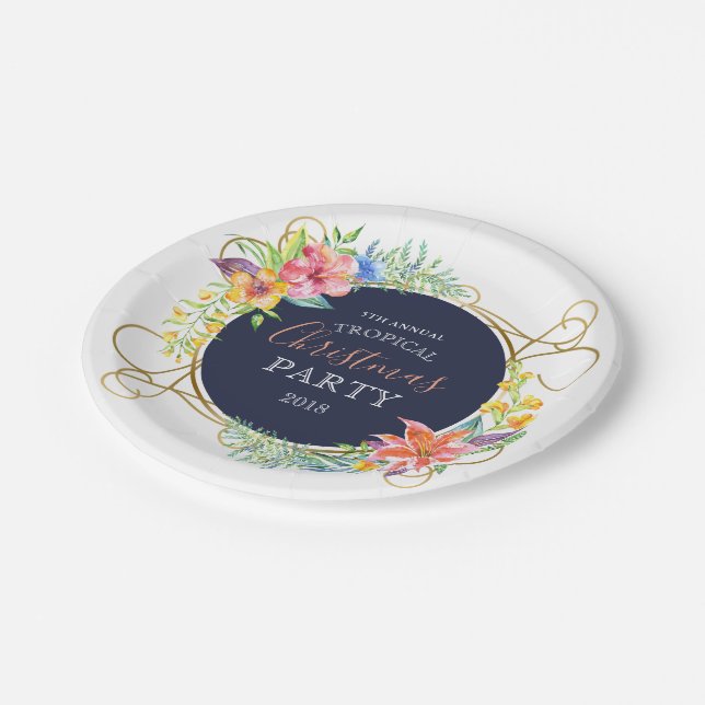 Tropical Christmas Flowers & Gold swirly Frame Paper Plates (Angled)
