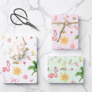 Tropical Christmas Hawaii Beach Santa Flamingo Wrapping Paper Sheets