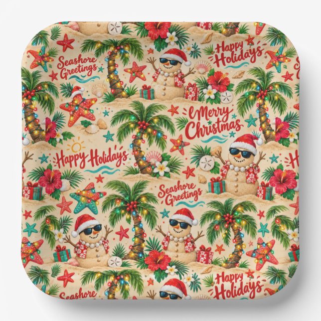 Tropical Christmas Holiday Fun Pattern Paper Plates (Front)