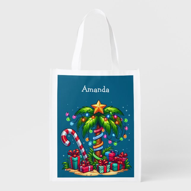 Tropical Christmas Holiday Palm Tree Grocery Bag (Front)