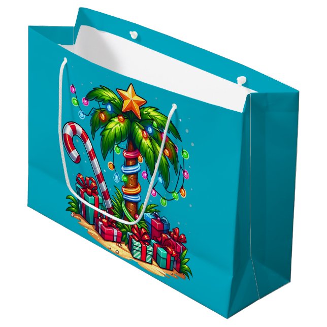 Tropical Christmas Holiday Palm Tree Large Gift Bag (Front Angled)