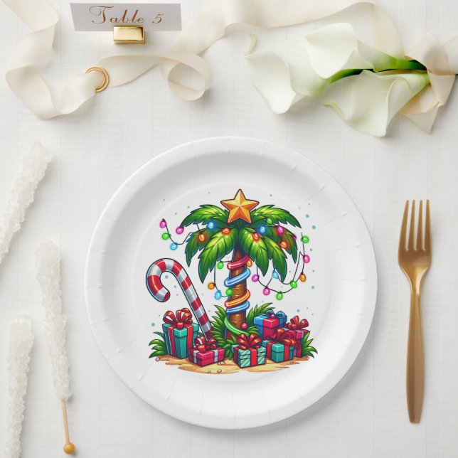 Tropical Christmas Holiday Palm Tree Paper Plates (Wedding)