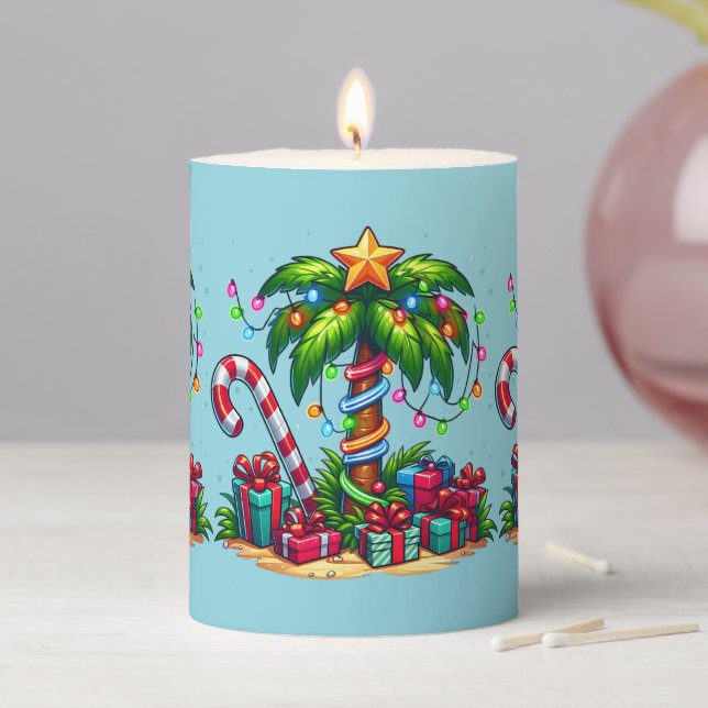 Tropical Christmas Holiday Palm Tree Pillar Candle (In Situ)